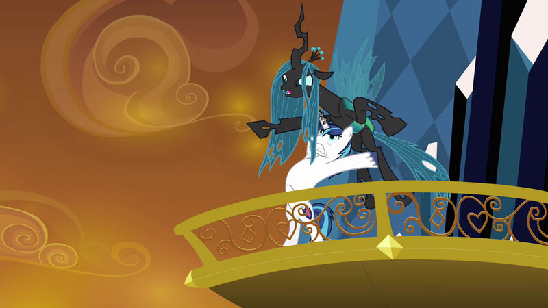 Size: 1280x720 | Tagged: alternate scenario, artist:dtkraus, changeling, changeling queen, derpibooru import, edit, edited screencap, epic wife tossing, fastball special, female, horn crystals, male, queen chrysalis, safe, screencap, shining armor, shining chrysalis, shipping, straight, the crystal empire