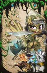 Size: 2502x3918 | Tagged: safe, artist:php60, derpibooru import, daring do, doctor caballeron, rainbow dash, zecora, earth pony, pegasus, pony, zebra, daballeron, explosion, female, hat, indiana jones, knife, male, mare, movie poster, parody, plane, shipping, stallion, straight