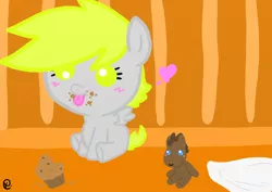 Size: 842x595 | Tagged: safe, artist:madkaichi, derpibooru import, derpy hooves, doctor whooves, time turner, filly, food, heart, messy eating, muffin, toy, younger