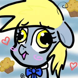 Size: 600x600 | Tagged: safe, artist:madkaichi, derpibooru import, derpy hooves, pegasus, pony, bow, female, food, heart, mare, muffin, solo