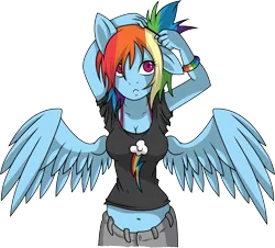 Size: 8248x7442 | Tagged: absurd resolution, alternate hairstyle, anthro, artist:a-purple-pony, artist:owlisun, belly button, bra strap, cleavage, clothes, derpibooru import, female, midriff, pants, rainbow dash, safe, scrunchie, shirt, simple background, solo, transparent background, vector