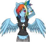 Size: 8248x7442 | Tagged: absurd resolution, alternate hairstyle, anthro, artist:a-purple-pony, artist:owlisun, belly button, bra strap, cleavage, clothes, derpibooru import, female, midriff, pants, rainbow dash, safe, scrunchie, shirt, simple background, solo, transparent background, vector