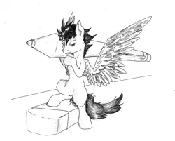 Size: 996x802 | Tagged: safe, artist:ravetuba, derpibooru import, oc, unofficial characters only, pegasus, pony, eraser, monochrome, pen, perspective, solo, traditional art