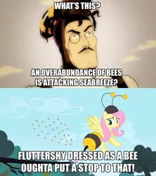 Size: 1920x2160 | Tagged: safe, derpibooru import, edit, edited screencap, screencap, fluttershy, seabreeze, bee, human, pegasus, pony, it ain't easy being breezies, animal costume, bee costume, butt shake, clothes, costume, dr. bees, female, flutterbee, harry partridge, image, mare, plot, png, remake, what's this?