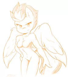 Size: 3448x3864 | Tagged: anthro, artist:ambris, barbie doll anatomy, breasts, derpibooru import, featureless breasts, featureless crotch, female, lineart, monochrome, solo, solo female, spitfire, suggestive