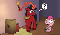 Size: 3072x1824 | Tagged: safe, artist:pony-berserker, derpibooru import, pinkie pie, oc, pony, unicorn, clueless, dynamite, fire, gas, oblivious, petrol, plushie, tnt, torch, toxic