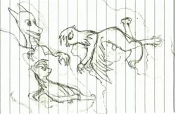 Size: 1718x1111 | Tagged: safe, artist:ponescribbles, derpibooru import, gilda, rainbow dash, dragon, gryphon, cloud, group, lined paper, lying down, monochrome, prone, resting, sketch, traditional art