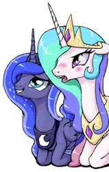 Size: 259x408 | Tagged: safe, artist:stoic5, derpibooru import, princess celestia, princess luna, alicorn, pony, blushing, female, floppy ears, grin, mare, open mouth, prone, simple background, smiling, varying degrees of want, white background