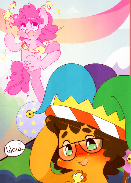 Size: 500x700 | Tagged: safe, artist:ruhianna, derpibooru import, boneless, cheese sandwich, pinkie pie, pinkie pride, blushing, cheesepie, crush, eyebrows, female, glasses, heart, juggling, male, origins, rubber chicken, scene interpretation, shipping, straight, younger