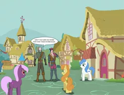 Size: 3000x2288 | Tagged: artist:celos666, carrot top, crossover, dandelion, derpibooru import, geralt of rivia, golden harvest, human, jaskier, julian alfred pankratz viscount de lettenhove, ponyville, suggestive, the witcher