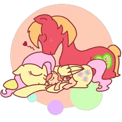 Size: 2000x2000 | Tagged: safe, artist:askbubblesthepony, derpibooru import, big macintosh, fluttershy, oc, earth pony, pony, cuddling, fluttermac, heart, male, offspring, parent:big macintosh, parent:fluttershy, parents:fluttermac, shipping, sleeping, snuggling, stallion, straight