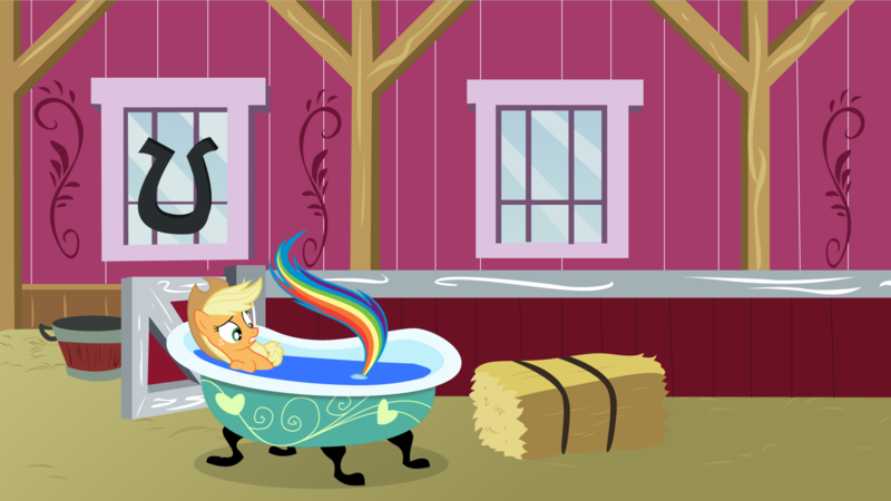 Size: 1617x910 | Tagged: suggestive, derpibooru import, applejack, rainbow dash, appledash, barn, bath, bathtub, female, implied cunnilingus, implied oral, implied sex, lesbian, shipping, under the surface