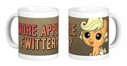 Size: 655x341 | Tagged: safe, artist:drawponies, derpibooru import, applejack, :p, :t, babyjack, cup, cute, diaper, foal, jackabetes, mug, mug design, silly, simple background, sitting, smiling, solo, text, tongue out, white background