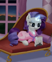 Size: 1080x1280 | Tagged: artist:midwestbrony, bathrobe, bed mane, clothes, derpibooru import, magic, morning ponies, needlepoint, rarity, robe, safe, solo, sunrise