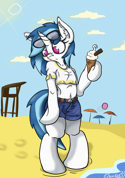 Size: 636x900 | Tagged: safe, artist:mistydash, derpibooru import, vinyl scratch, pony, semi-anthro, unicorn, beach, beach umbrella, belly button, bipedal, clothes, cross-eyed, cute, ear fluff, female, frown, hoof hold, hooves, horn, ice cream, jeans, mare, midriff, shorts, solo, sunglasses