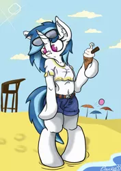 Size: 636x900 | Tagged: safe, artist:mistydash, derpibooru import, vinyl scratch, pony, semi-anthro, unicorn, beach, beach umbrella, belly button, bipedal, clothes, cross-eyed, cute, ear fluff, female, frown, hoof hold, hooves, horn, ice cream, jeans, mare, midriff, shorts, solo, sunglasses