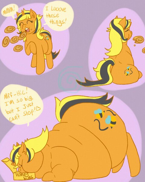 Size: 1024x1280 | Tagged: suggestive, artist:fatfurparadise, derpibooru import, oc, unofficial characters only, pony, unicorn, bbw, chubby, comic, dialogue, eating, fat, female, food, honey buns, impossibly large butt, mare, morbidly obese, obese, plot, sequence, solo, speech bubble, stuffing, weight gain