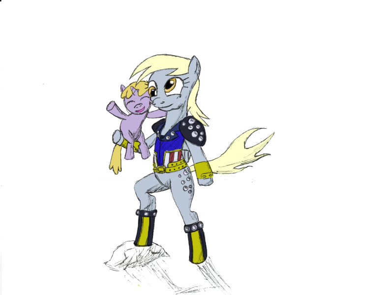 Size: 1024x791 | Tagged: safe, artist:demonioblanco, derpibooru import, derpy hooves, dinky hooves, pony, asuka, bipedal, color, ein, hokuto no ken