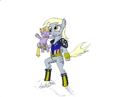 Size: 1024x791 | Tagged: safe, artist:demonioblanco, derpibooru import, derpy hooves, dinky hooves, pony, asuka, bipedal, color, ein, hokuto no ken