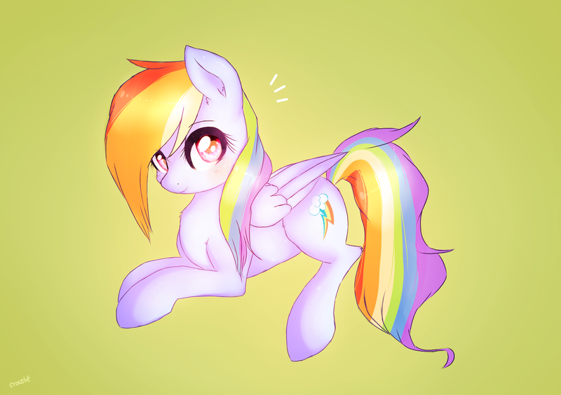 Size: 1676x1182 | Tagged: safe, artist:crocelif, derpibooru import, rainbow dash, looking at you, prone, solo