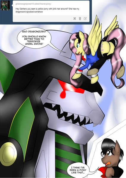 Size: 1240x1754 | Tagged: artist:fourze-pony, awesome, clothes, comic, crossover, derpibooru import, dragon, dragon caesar, dragonzord, flank, fluttergoth, fluttershy, fourze, kamen rider, kamen rider fourze, kisaragi gentaro, kyouryuu sentai zyuranger, mighty morphin power rangers, plot, power rangers, robot, safe, skirt, super sentai, the stare, tumblr, tumblr comic, uniform