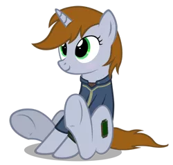 Size: 914x874 | Tagged: safe, artist:mrlolcats17, derpibooru import, oc, oc:littlepip, unofficial characters only, pony, unicorn, fallout equestria, fanfic, blushing, clothes, cute, cutie mark, fanfic art, female, hooves, horn, mare, pipabetes, pipbuck, simple background, sitting, smiling, solo, transparent background, vault suit