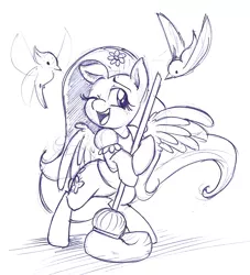 Size: 1090x1200 | Tagged: safe, artist:mickeymonster, derpibooru import, fluttershy, bird, pony, animal, bipedal, broom, cleaning, clothes, disney, disney princess, monochrome, one eye closed, open mouth, parody, simple background, sketch, smiling, snow white, white background