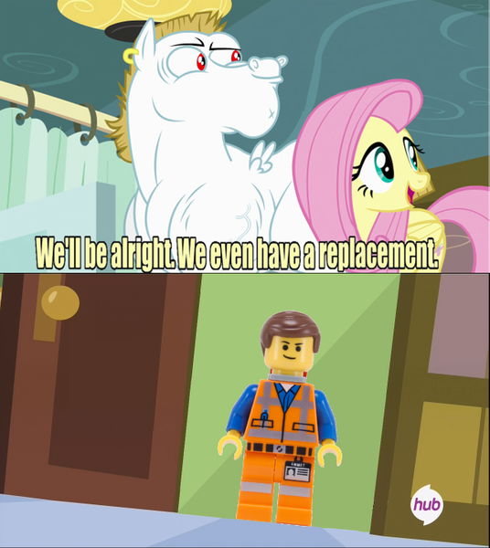 Size: 640x717 | Tagged: bulk biceps, derpibooru import, emmet brickowski, exploitable meme, fluttershy, lego, meme, rainbow falls, replacement meme, safe, the lego movie