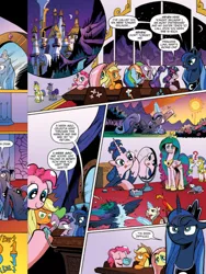 Size: 720x960 | Tagged: safe, artist:andypriceart, derpibooru import, idw, applejack, fluttershy, kibitz, philomena, pinkie pie, princess luna, rainbow dash, rarity, spike, tiberius, twilight sparkle, twilight sparkle (alicorn), alicorn, earth pony, pegasus, pony, unicorn, spoiler:comic, spoiler:comic17, comic, female, gum, hose, idw advertisement, mane seven, mane six, mare, official comic, pinklestia, pinkluna, preview, seems legit, speech bubble, sun work