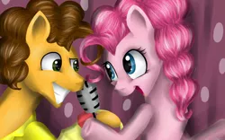 Size: 1024x640 | Tagged: artist:sirskipper, cheese sandwich, derpibooru import, grin, microphone, pinkie pie, pinkie pride, safe, smiling