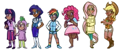 Size: 1600x648 | Tagged: applejack, artist:theraspberryfox, clothes, dark skin, derpibooru import, diversity, dress, fluttershy, human, humanized, mane six, pinkie pie, rainbow dash, rarity, safe, tumblr nose, twilight sparkle, why meph why