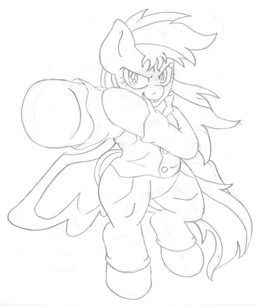 Size: 1609x1924 | Tagged: anime, artist:blackbewhite2k7, crossover, derpibooru import, monochrome, parody, rainbow dash, safe, sketch, solo, spirit gun, urameshi yusuke, wip, yu yu hakusho