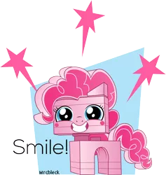 Size: 2840x3000 | Tagged: artist:mrcbleck, crossover, derpibooru import, dialogue, fusion, grin, lego, pinkie pie, safe, simple background, smiling, solo, the lego movie, transparent background, unikitty