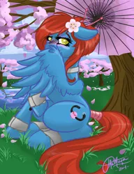 Size: 1000x1300 | Tagged: suggestive, artist:phathusa, derpibooru import, oc, oc:sureibu, unofficial characters only, pegasus, pony, ballgag, blushing, cherry blossoms, covering, floppy ears, flower, gag, grass, raised hoof, sitting, smiling, solo, spread wings, tail wrap, tree, umbrella