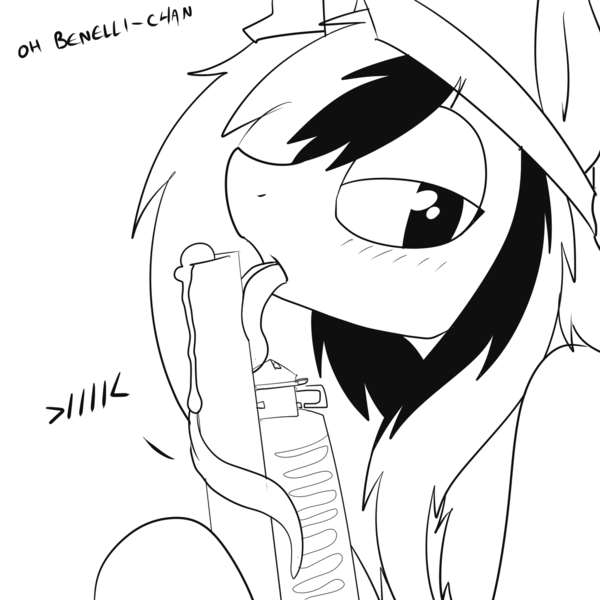 Size: 1280x1280 | Tagged: artist:cymek, benelli m3, derpibooru import, gun, long tongue, monochrome, oc, oc:taylorpone, shotgun, solo, suggestive, tentacle tongue, unofficial characters only, weapon