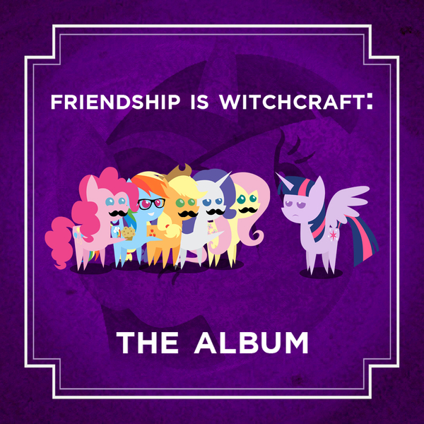 Size: 1080x1080 | Tagged: safe, artist:sitrirokoia, derpibooru import, applejack, fluttershy, pinkie pie, rainbow dash, rarity, twilight sparkle, twilight sparkle (alicorn), alicorn, pony, friendship is witchcraft, album cover, glasses, mane six, moustache, music, parody, shercloppones, soundtrack