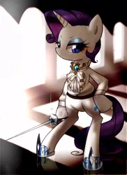 Size: 800x1100 | Tagged: safe, artist:araraginatsuki, derpibooru import, rarity, pony, bipedal, clothes, cravat, dark, pixiv, rapier, short hair, short mane, solo, sword, weapon, window