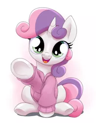Size: 782x1000 | Tagged: safe, artist:stoic5, derpibooru import, sweetie belle, pony, unicorn, c:, clothes, cute, diabetes, diasweetes, female, filly, hnnng, hoodie, looking at you, pointing, simple background, smiling, solo, underhoof, weapons-grade cute, white background