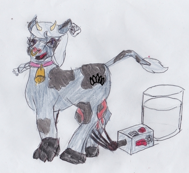 Size: 670x613 | Tagged: artist:askrosedust, brand, cow, cowbell, cowified, cow pony, derpibooru import, ear tag, female, hybrid, lactation, milk, milking, milking machine, nightmare fuel, nose ring, safe, silver moo, silver spoon, solo, species swap, udder, wat, why