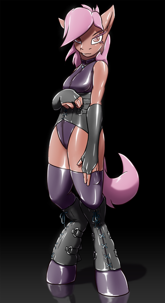 Size: 1047x1920 | Tagged: anthro, anthro oc, artist:krd, breasts, clothes, corset, derpibooru import, female, high-cut clothing, latex, latex pony, oc, oc:maple gleam, original species, solo, solo female, suggestive, unguligrade anthro, unofficial characters only