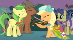 Size: 850x467 | Tagged: a canterlot wedding, apple family member, apple fritter, applejack, clothes, derpibooru import, dress, edit, eyes closed, fiddle, hoof hold, hub logo, lyra heartstrings, masquerade, meadow song, minuette, mouth hold, safe, screencap, sitting, smiling, violin