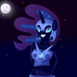 Size: 4000x4000 | Tagged: absurd resolution, anthro, artist:lisa400, belly button, breasts, curvy, derpibooru import, female, grin, looking at you, midriff, moon, night, nightmare moon, smiling, solo, solo female, stupid sexy nightmare moon, suggestive