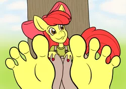 Size: 1200x850 | Tagged: dead source, suggestive, artist:majikkumausuii, artist:mintymousyxfce, derpibooru import, apple bloom, anthro, earth pony, plantigrade anthro, bow, feet, female, fetish, foal, foot fetish, foot focus, hair bow, nail polish, smiling, solo, solo female, toes