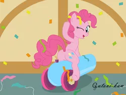 Size: 2133x1600 | Tagged: safe, artist:gutovi, derpibooru import, pinkie pie, earth pony, pony, balloon popping, butt, confetti, female, mare, one eye closed, party cannon, plot, riding, sitting, solo, wink