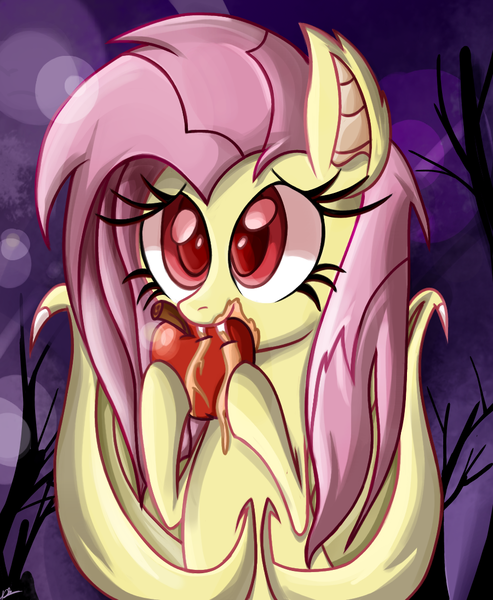 Size: 900x1095 | Tagged: safe, artist:daniel-sg, derpibooru import, fluttershy, bat pony, pony, apple, cute, flutterbat, race swap, shyabates, shyabetes, solo