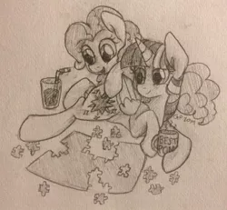 Size: 929x858 | Tagged: safe, artist:grayflower, derpibooru import, pinkie pie, twilight sparkle, twilight sparkle (alicorn), alicorn, pony, female, grayscale, jigsaw puzzle, lesbian, mare, monochrome, shipping, traditional art, twinkie