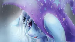 Size: 1920x1080 | Tagged: safe, artist:dream--chan, derpibooru import, trixie, pony, unicorn, crying, female, hat, mare, portrait, rain, sad, solo, tears in rain