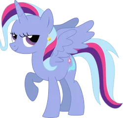 Size: 1094x1047 | Tagged: safe, artist:kaylathehedgehog, derpibooru import, trixie, twilight sparkle, twilight sparkle (alicorn), alicorn, pony, counterparts, dragon ball z, ear piercing, earring, female, fusion, jewelry, lidded eyes, looking at you, mare, piercing, potara, raised hoof, simple background, smiling, smirk, solo, spread wings, transparent background, twixie, vector, wings