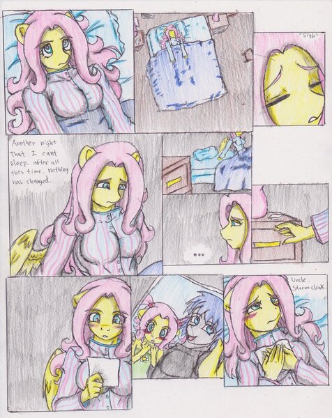 Size: 796x1003 | Tagged: anthro, artist:zoarenso, awesome face, blushing, breasts, busty fluttershy, comic, comic:innocent sin, derpibooru import, female, fluttershy, oc, oc:stormcloak, safe, traditional art, uncle, younger