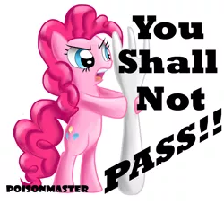 Size: 990x900 | Tagged: safe, artist:poisonicpen, derpibooru import, pinkie pie, pony, angry, bipedal, chowder, crossover, fork, gandalf the grey, lord of the rings, parody, solo, yelling, you shall not pass